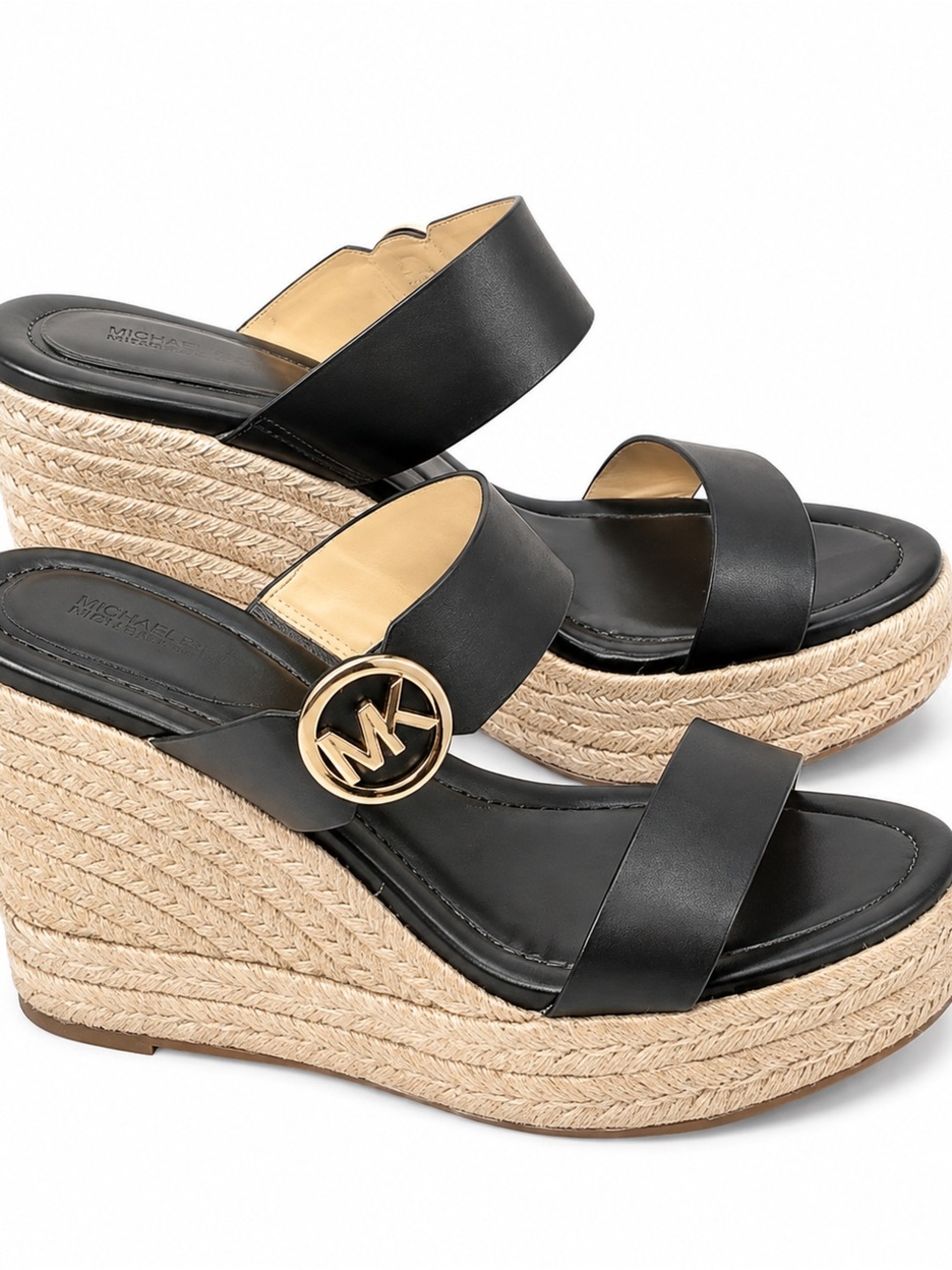 Michael Kors Black Leather Espadrille Wedge Sandals with Gold MK Logo SIZE 6